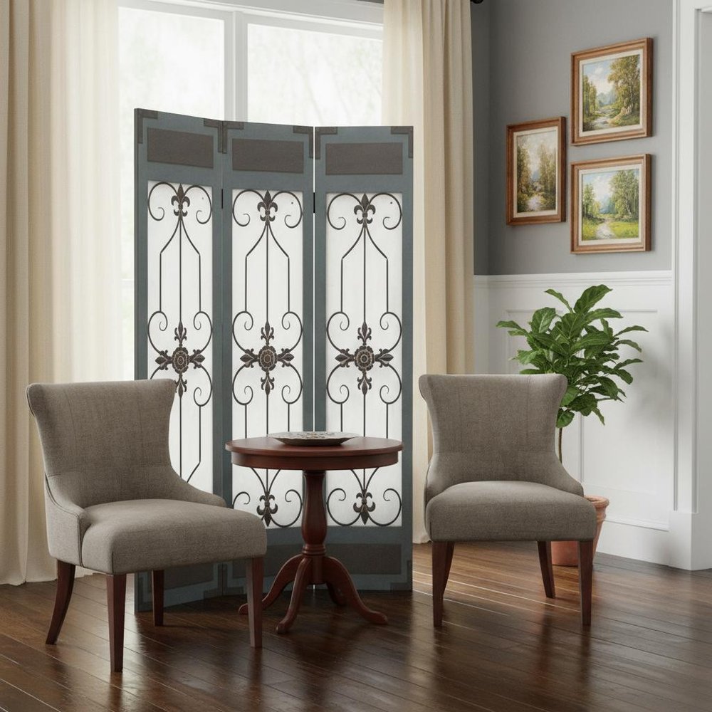 72" Blue Metal Folding Three Panel Screen Room Divider HomeRoots