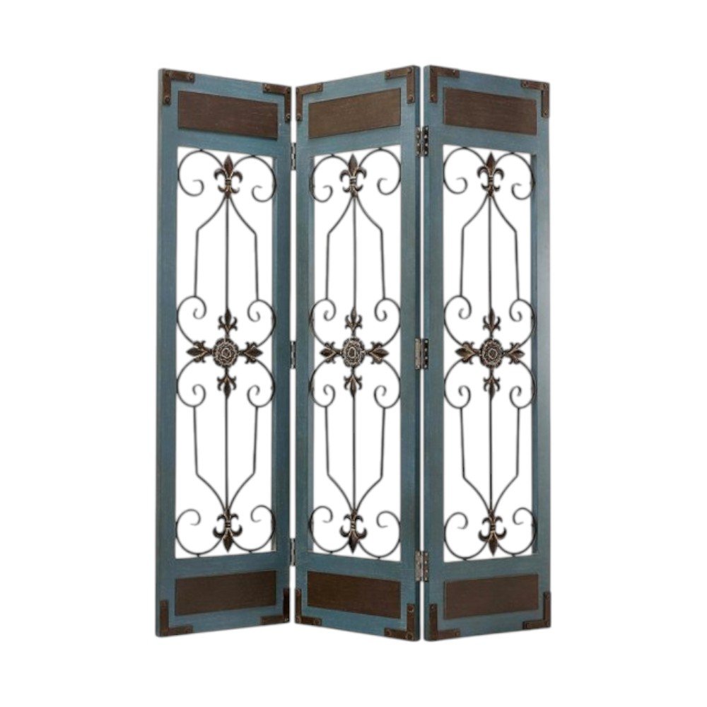 72" Blue Metal Folding Three Panel Screen Room Divider HomeRoots