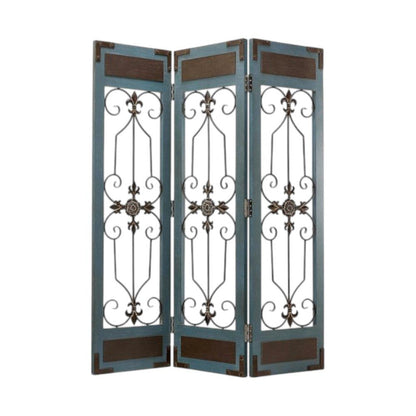 72" Blue Metal Folding Three Panel Screen Room Divider HomeRoots