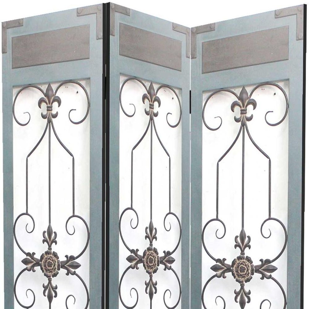 72" Blue Metal Folding Three Panel Screen Room Divider HomeRoots