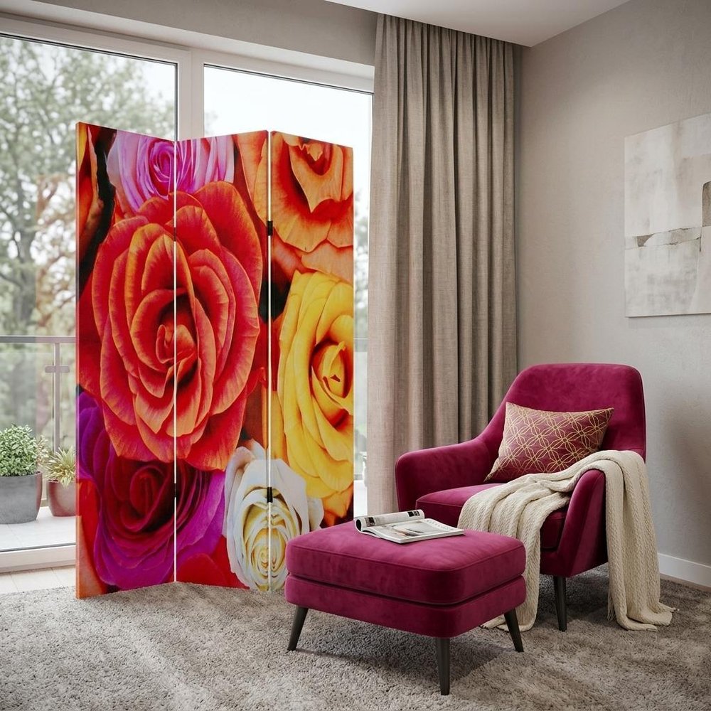 72" Red Canvas Folding Three Panel Screen Room Divider HomeRoots