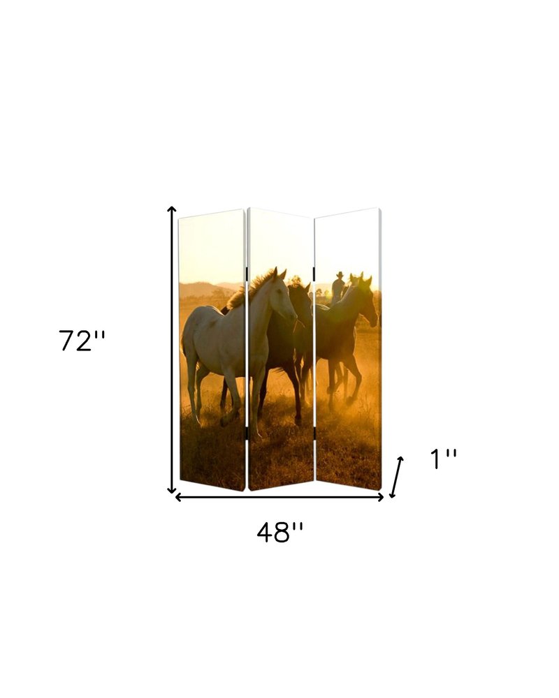 72" Brown and Black Canvas Folding Three Panel Screen Room Divider HomeRoots