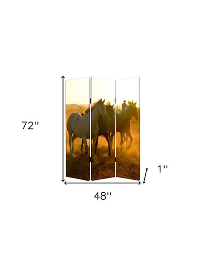 72" Brown and Black Canvas Folding Three Panel Screen Room Divider HomeRoots