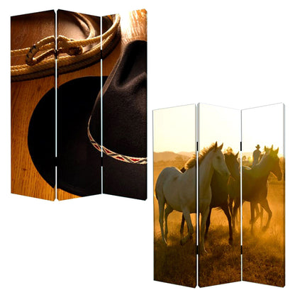 72" Brown and Black Canvas Folding Three Panel Screen Room Divider HomeRoots