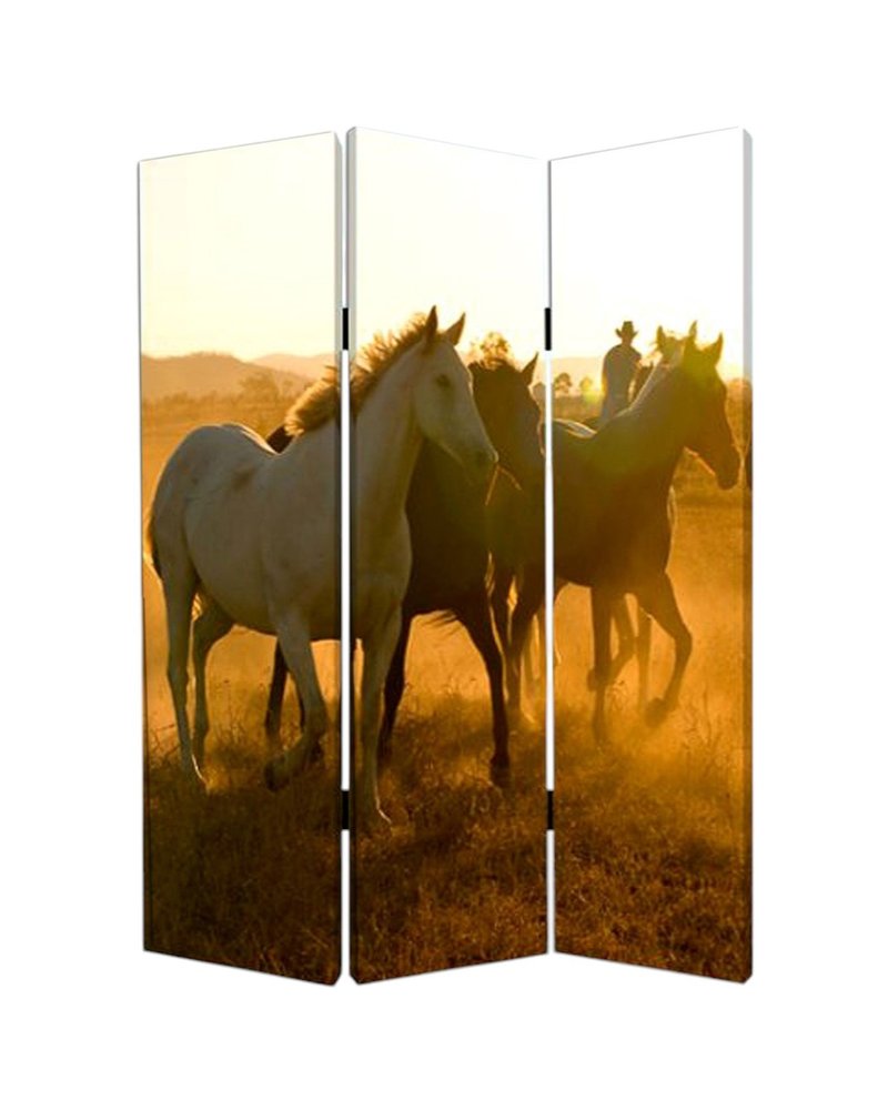 72" Brown and Black Canvas Folding Three Panel Screen Room Divider HomeRoots