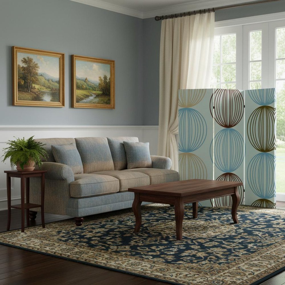 72" Blue Canvas Folding Three Panel Screen Room Divider HomeRoots