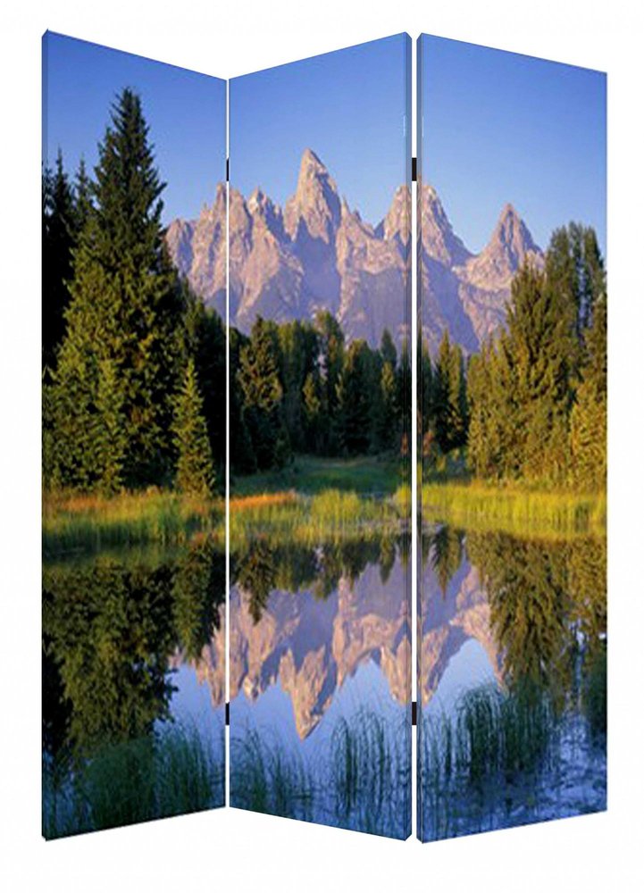 72" Blue And Green Canvas Folding Three Panel Screen Room Divider HomeRoots