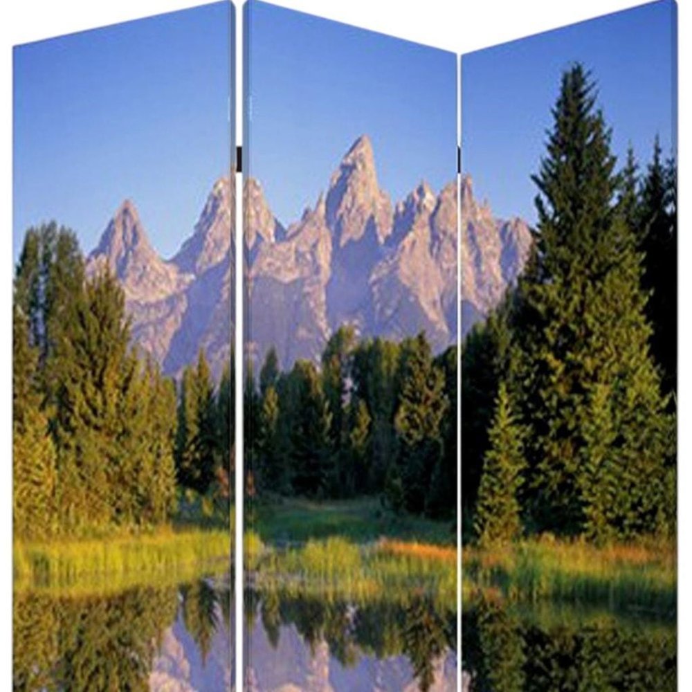 72" Blue And Green Canvas Folding Three Panel Screen Room Divider HomeRoots