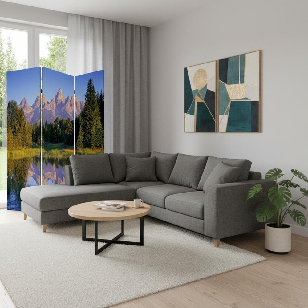 72" Blue And Green Canvas Folding Three Panel Screen Room Divider HomeRoots