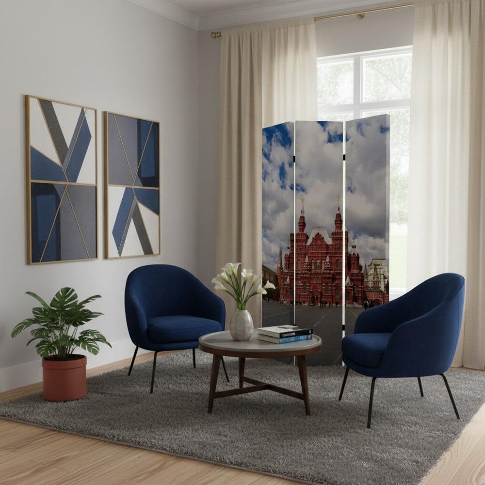 72" Red Blue And Ivory Canvas Folding Three Panel Screen Room Divider HomeRoots