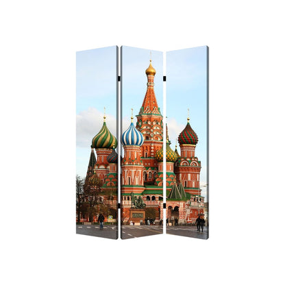 72" Red Blue And Ivory Canvas Folding Three Panel Screen Room Divider HomeRoots