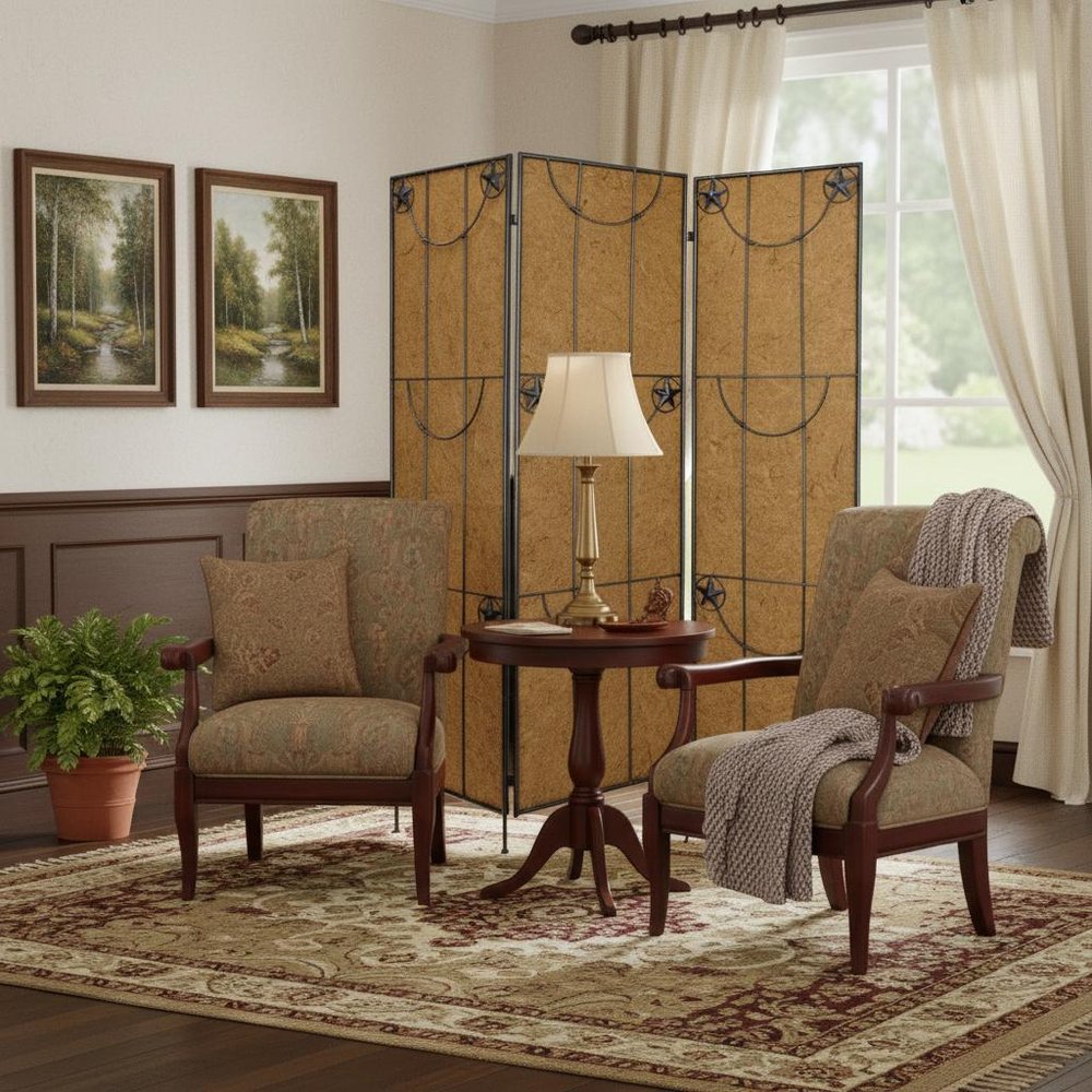 72" Brown Iron Folding Three Panel Screen Room Divider HomeRoots