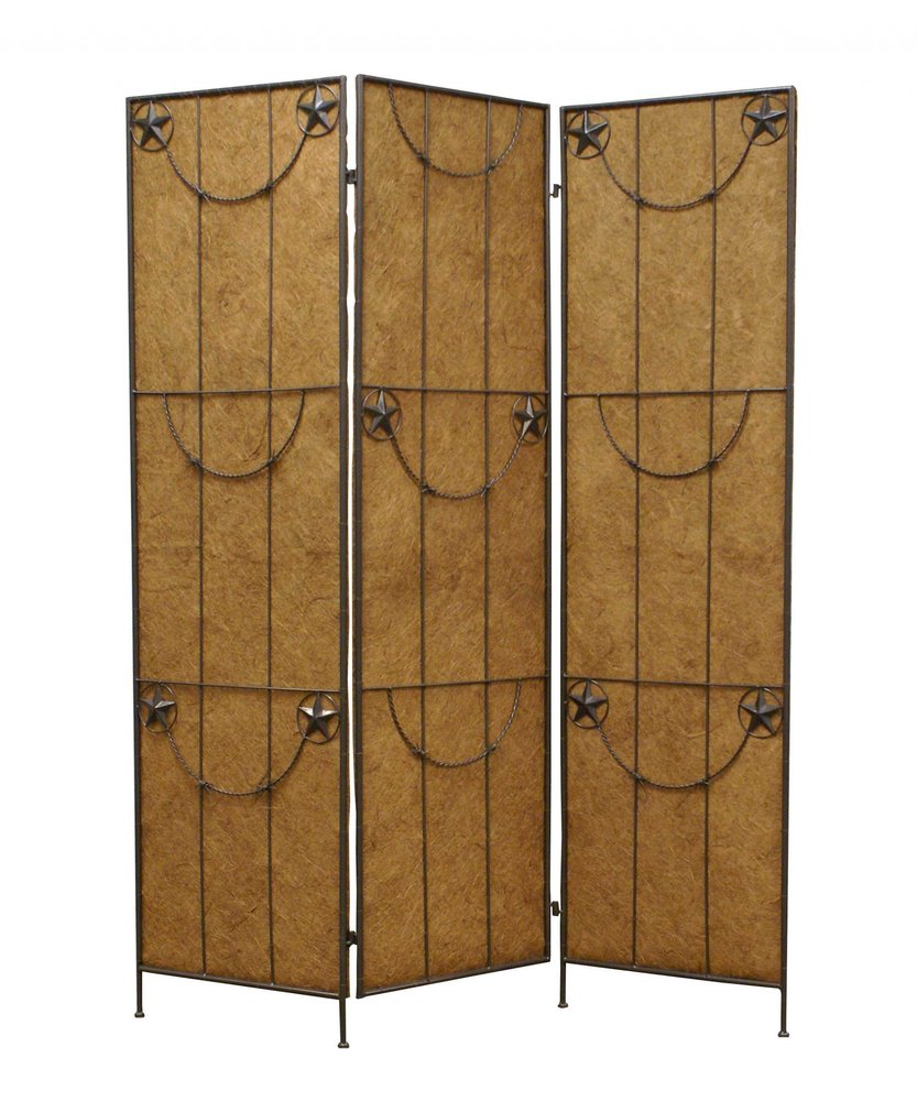 72" Brown Iron Folding Three Panel Screen Room Divider HomeRoots