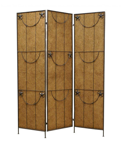 72" Brown Iron Folding Three Panel Screen Room Divider HomeRoots