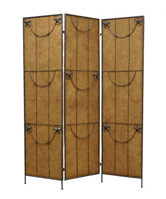 72" Brown Iron Folding Three Panel Screen Room Divider HomeRoots