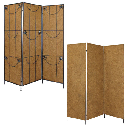 72" Brown Iron Folding Three Panel Screen Room Divider HomeRoots
