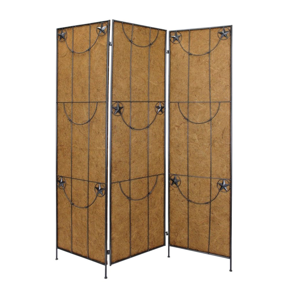 72" Brown Iron Folding Three Panel Screen Room Divider HomeRoots