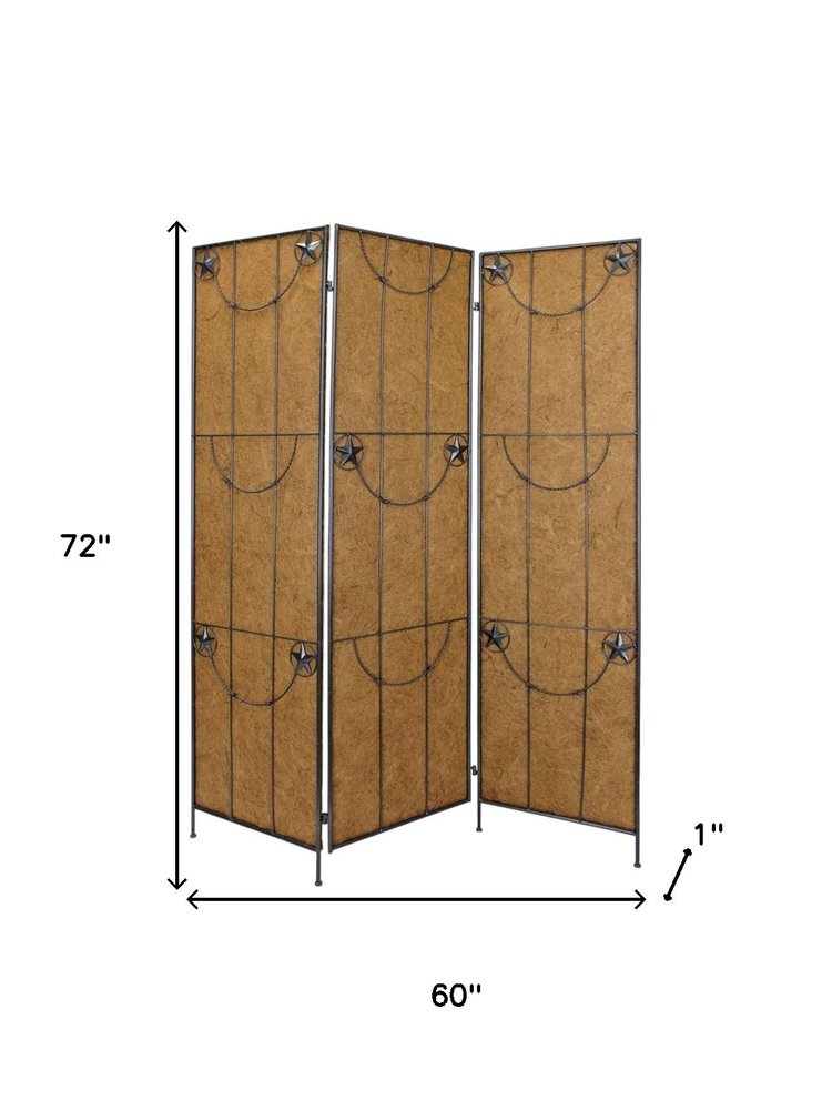 72" Brown Iron Folding Three Panel Screen Room Divider HomeRoots