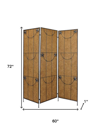 72" Brown Iron Folding Three Panel Screen Room Divider HomeRoots