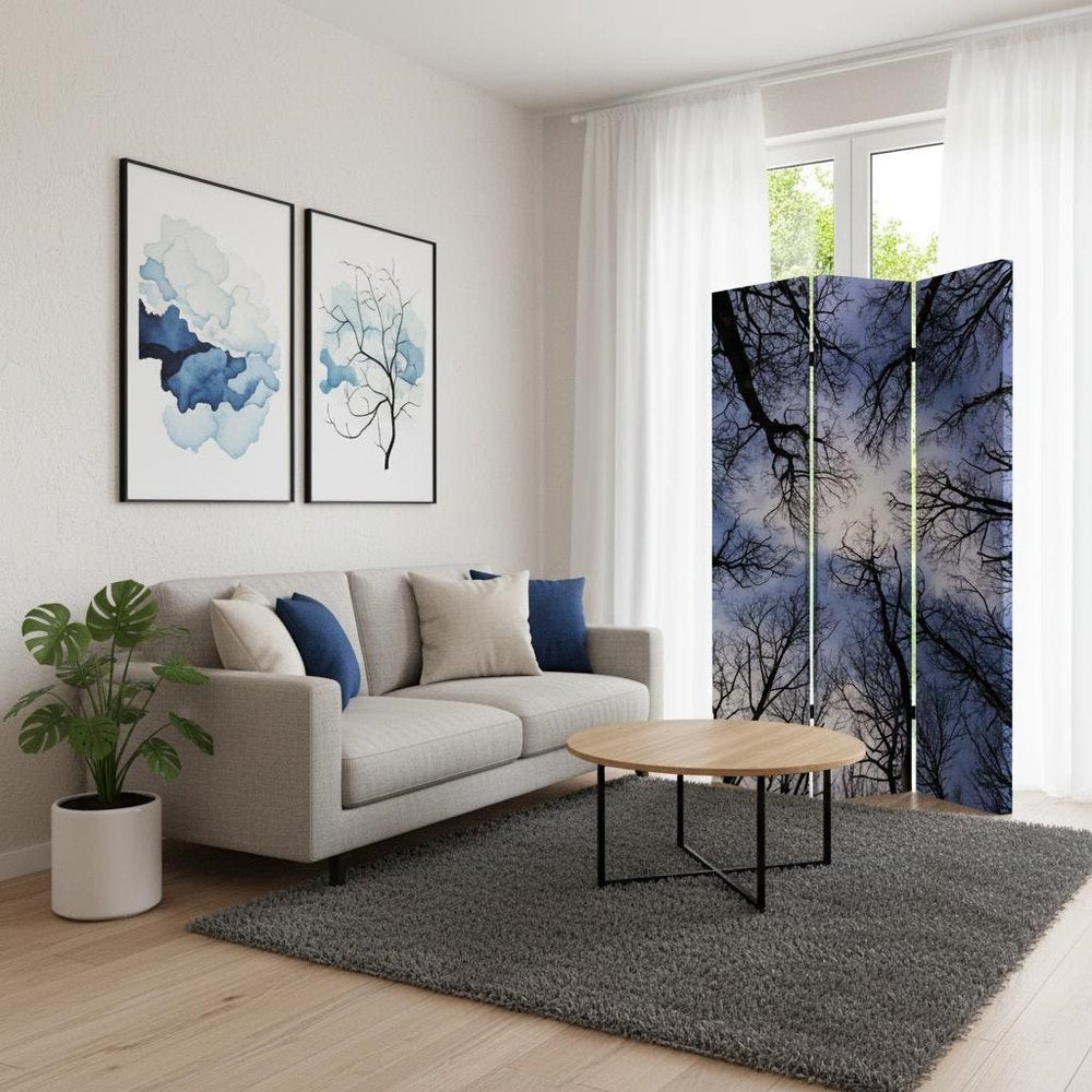 72" Black And Blue Canvas Folding Three Panel Screen Room Divider HomeRoots