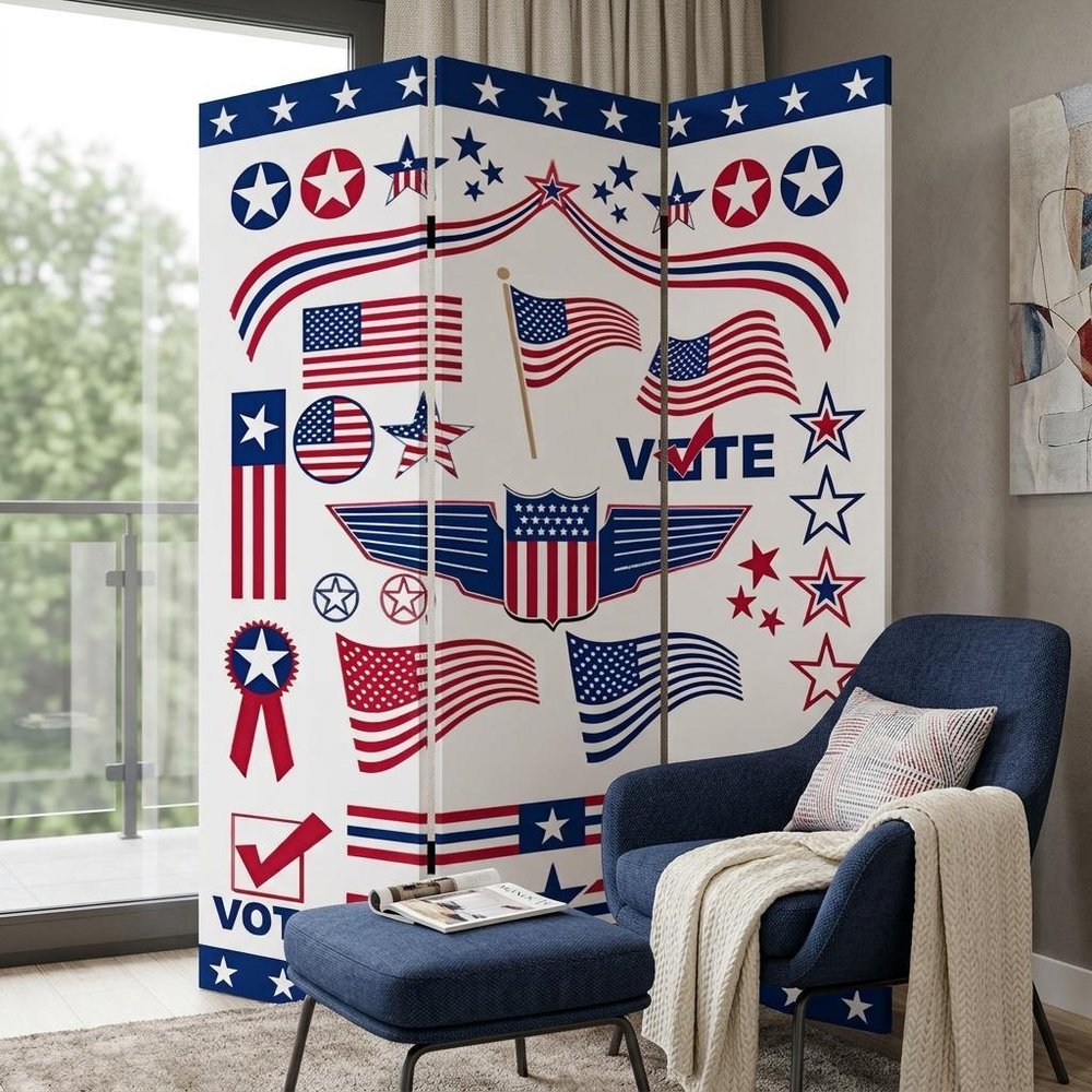 72" Blue and White Canvas Folding Three Panel Screen Room Divider HomeRoots