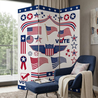 72" Blue and White Canvas Folding Three Panel Screen Room Divider HomeRoots