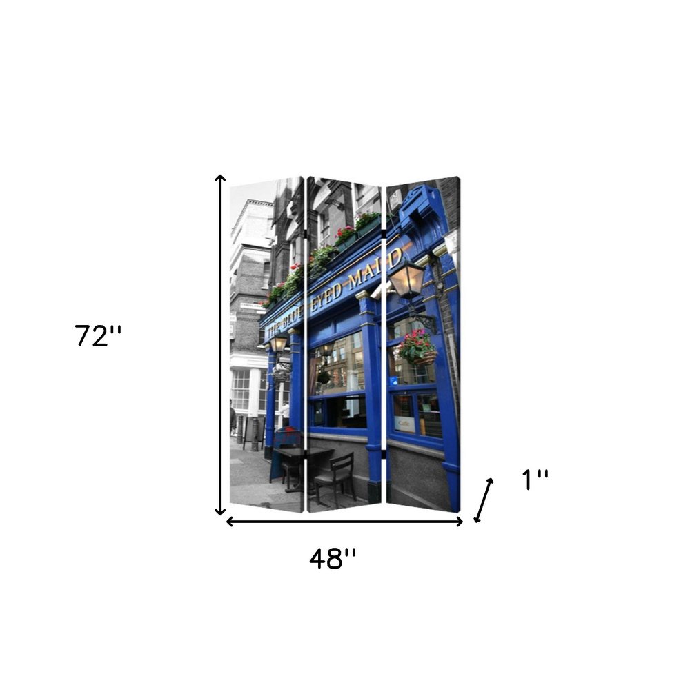 72" Blue And Gray Canvas Folding Three Panel Screen Room Divider HomeRoots
