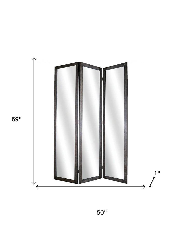 69" Black Wood and Mirrored Glass Folding Three Panel Screen Room Divider HomeRoots