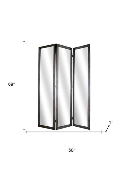 69" Black Wood and Mirrored Glass Folding Three Panel Screen Room Divider HomeRoots