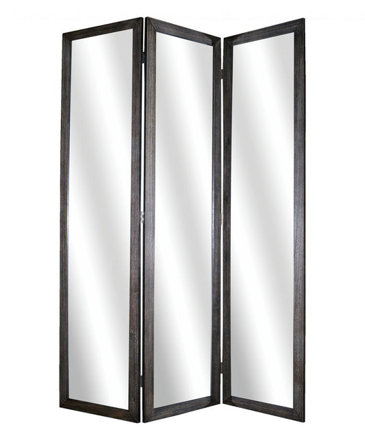 69" Black Wood and Mirrored Glass Folding Three Panel Screen Room Divider HomeRoots