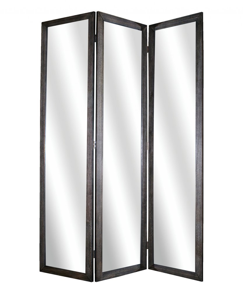 69" Black Wood and Mirrored Glass Folding Three Panel Screen Room Divider HomeRoots