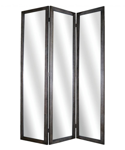 69" Black Wood and Mirrored Glass Folding Three Panel Screen Room Divider HomeRoots