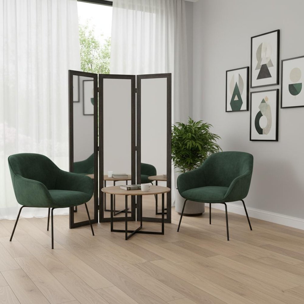 69" Black Wood and Mirrored Glass Folding Three Panel Screen Room Divider HomeRoots