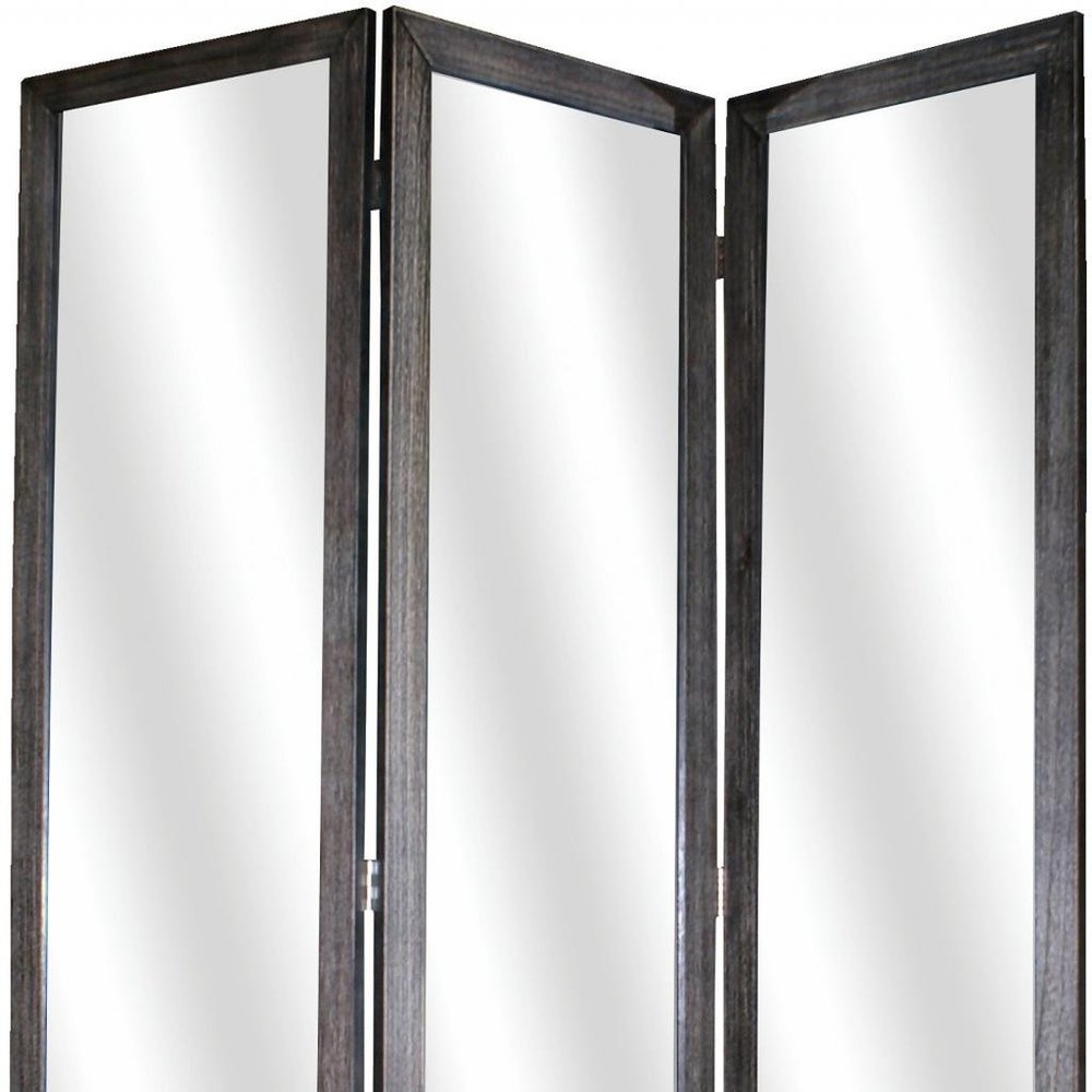 69" Black Wood and Mirrored Glass Folding Three Panel Screen Room Divider HomeRoots