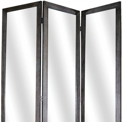69" Black Wood and Mirrored Glass Folding Three Panel Screen Room Divider HomeRoots