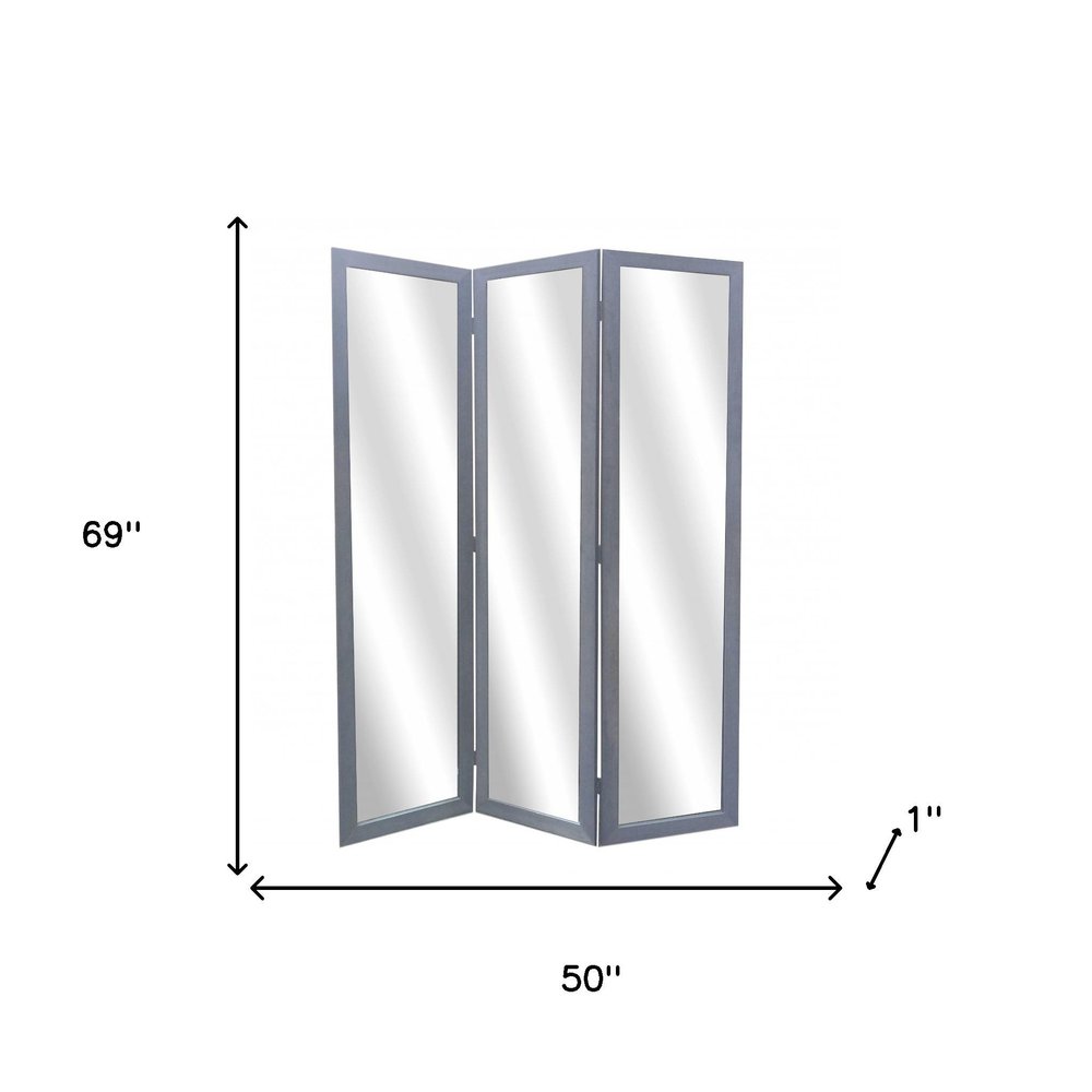 69" Black Wood and Mirrored Glass Folding Three Panel Screen Room Divider HomeRoots