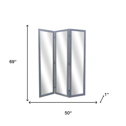 69" Black Wood and Mirrored Glass Folding Three Panel Screen Room Divider HomeRoots