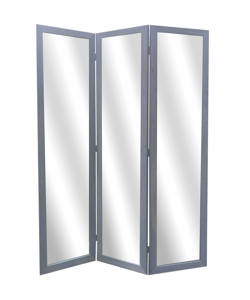 69" Black Wood and Mirrored Glass Folding Three Panel Screen Room Divider HomeRoots