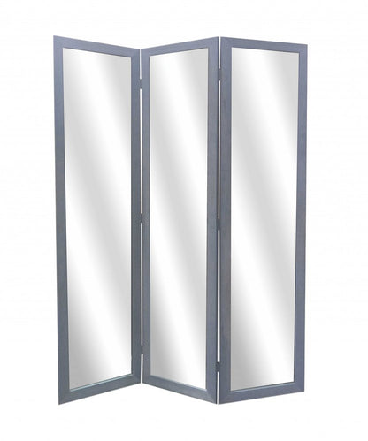 69" Black Wood and Mirrored Glass Folding Three Panel Screen Room Divider HomeRoots