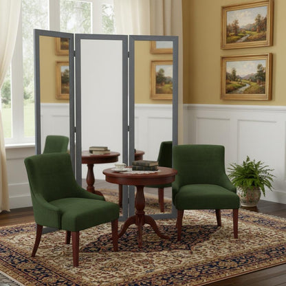 69" Black Wood and Mirrored Glass Folding Three Panel Screen Room Divider HomeRoots