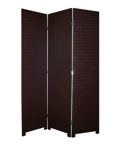 71" Brown Faux Leather Folding Three Panel Screen Room Divider HomeRoots