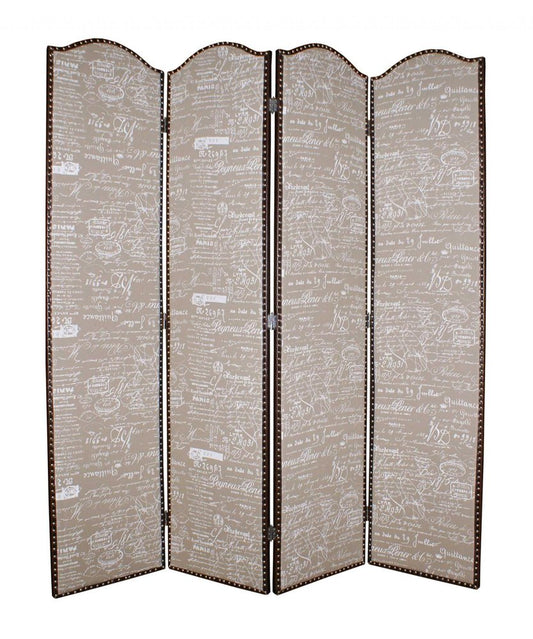 84" Tan Fabric Folding Four Panel Screen Room Divider HomeRoots