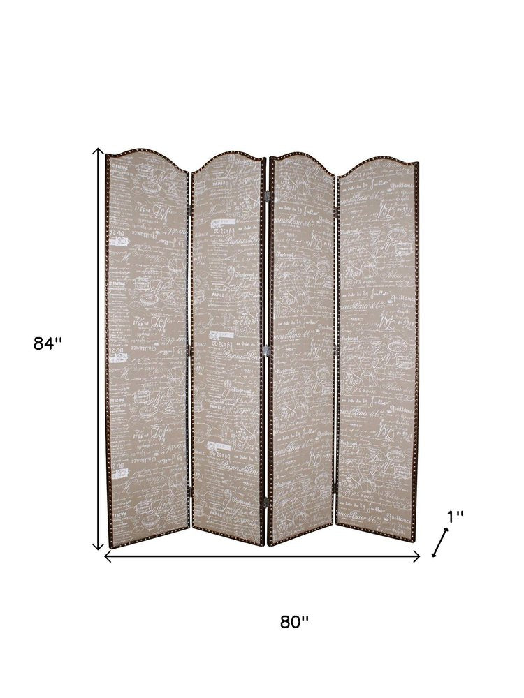 84" Tan Fabric Folding Four Panel Screen Room Divider HomeRoots