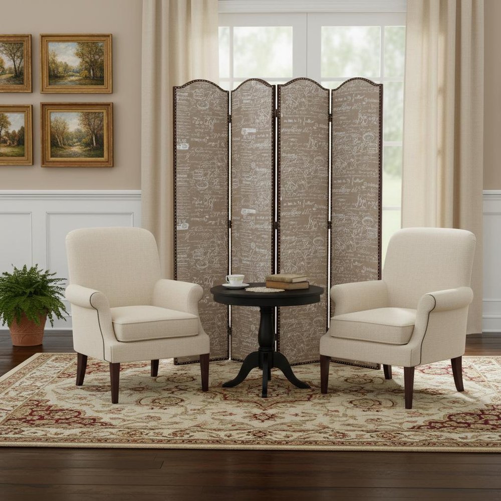 84" Tan Fabric Folding Four Panel Screen Room Divider HomeRoots