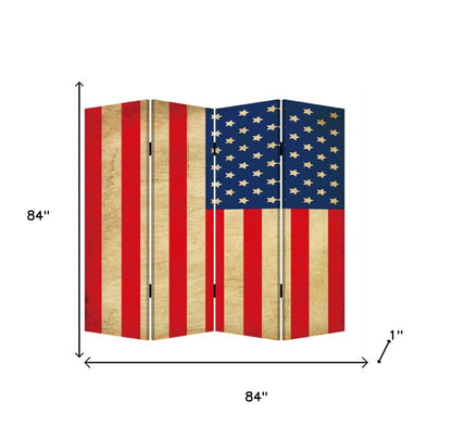 84" Red Natural And Blue American Flag Reversible Canvas Folding Four Panel Room Divider HomeRoots
