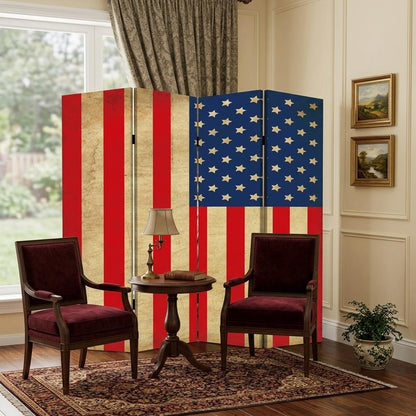 84" Red Natural And Blue American Flag Reversible Canvas Folding Four Panel Room Divider HomeRoots