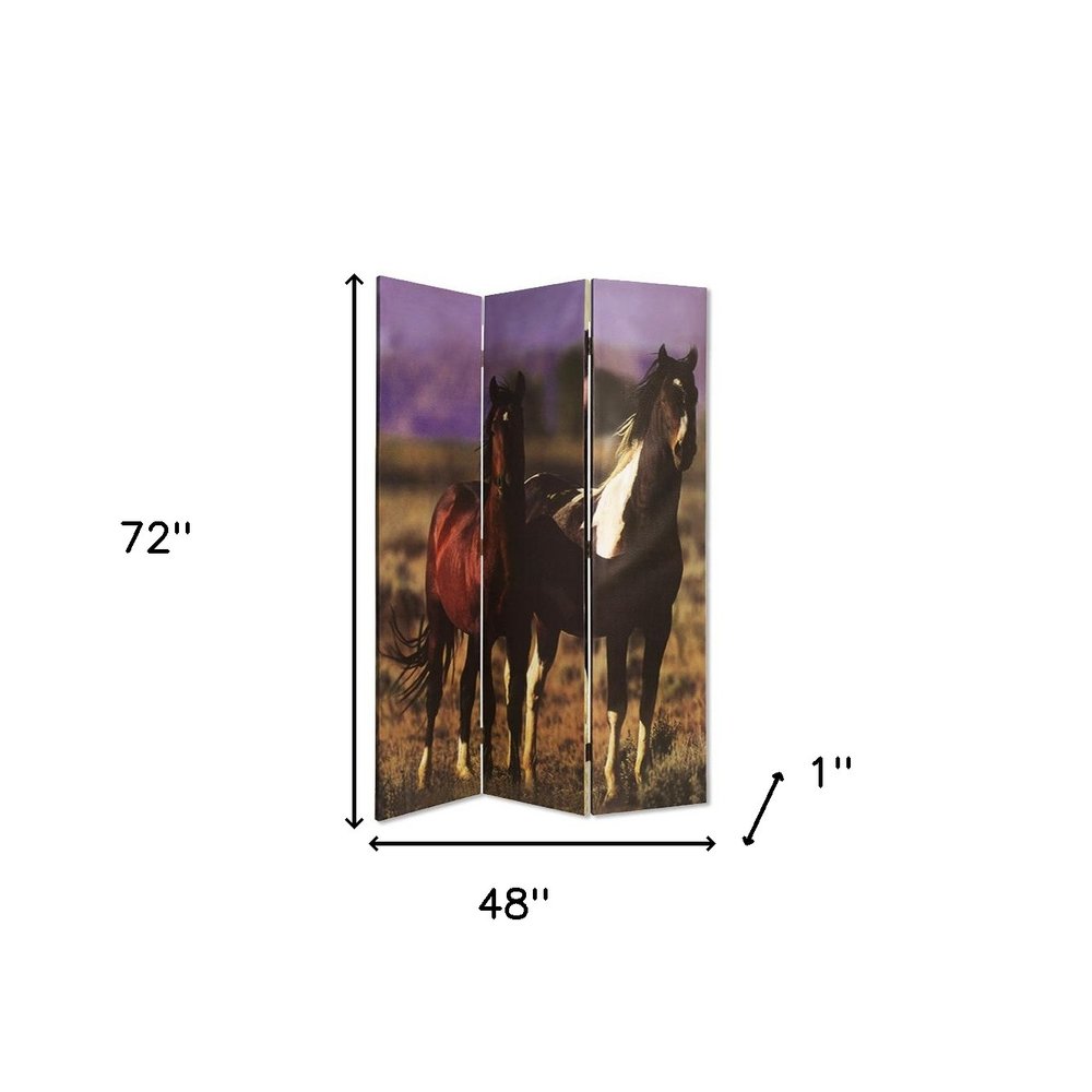 72" Brown Canvas Folding Three Panel Screen Room Divider HomeRoots