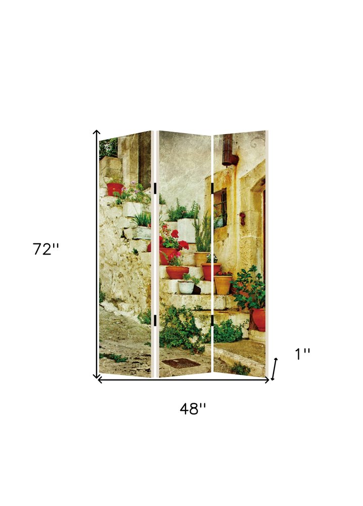 72" Beige Canvas Folding Three Panel Screen Room Divider HomeRoots