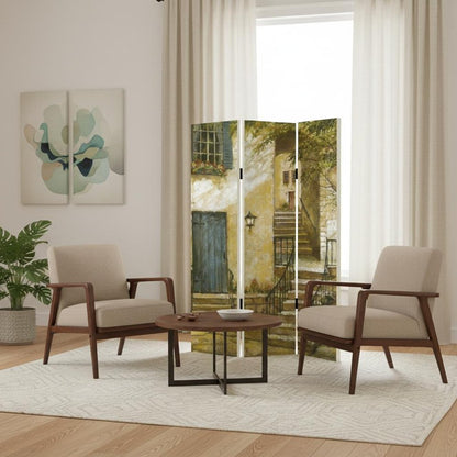 72" Beige Canvas Folding Three Panel Screen Room Divider HomeRoots