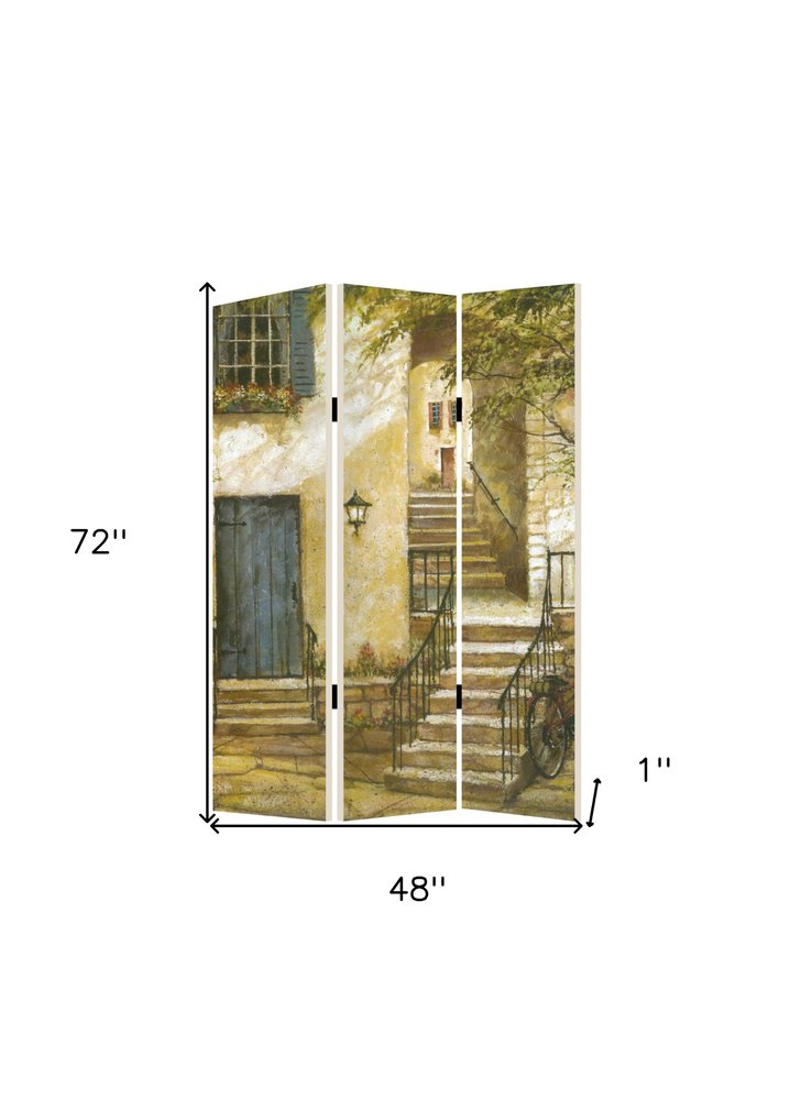 72" Beige Canvas Folding Three Panel Screen Room Divider HomeRoots